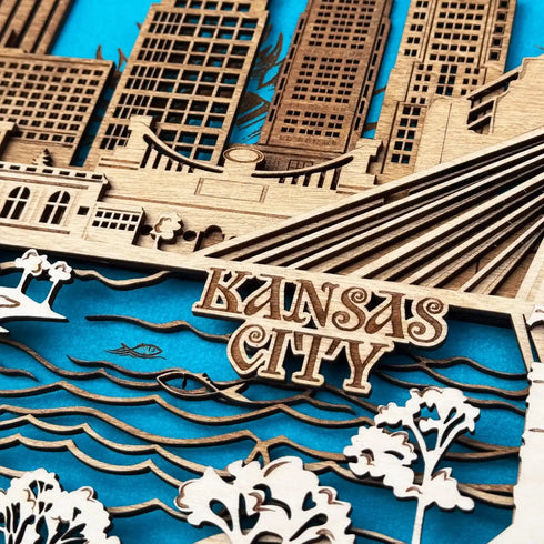 Close up of Kansas City wooden skyline with engraved details