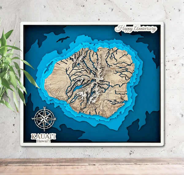 Kaua’i Hawaii 3D wooden map with layered topographic wall art design