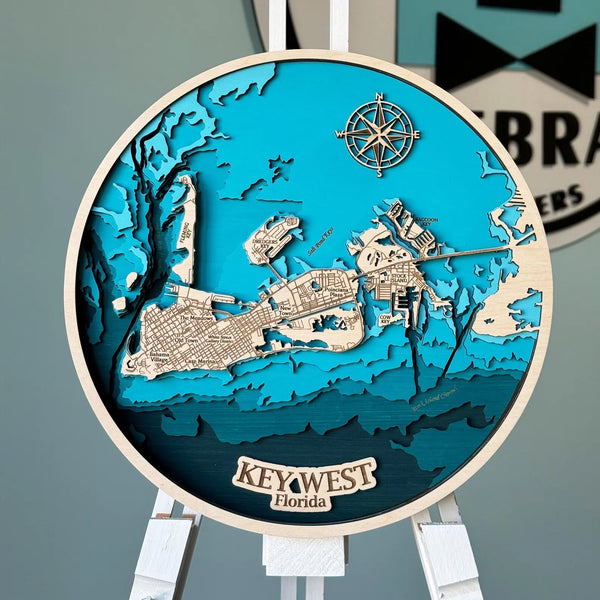 Handcrafted 3D wooden map of Key West, Florida with layered nautical design.