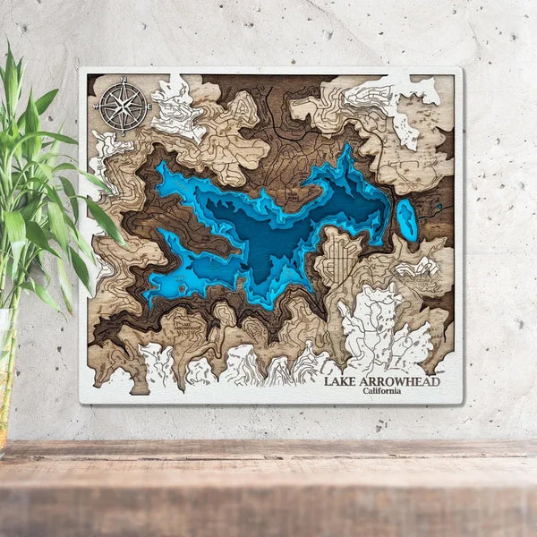3D wooden map of Lake Arrowhead California with layered topographic design