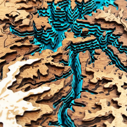 Close-up of Lake Blue Ridge wooden map with 3D water layers