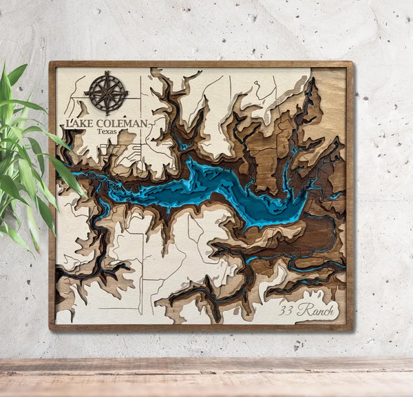 Handcrafted 3D wooden map of Lake Coleman Texas with layered topography design.