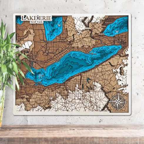 Lake Erie 3D wooden map with layered Great Lakes design