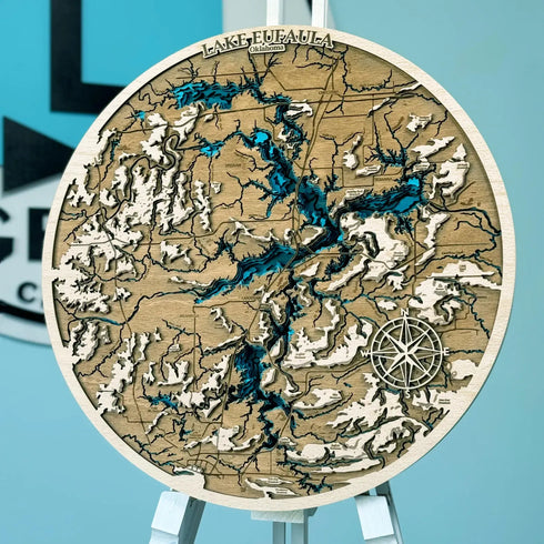 Round 3D wooden wall art of Lake Eufaula, Oklahoma with layered design.