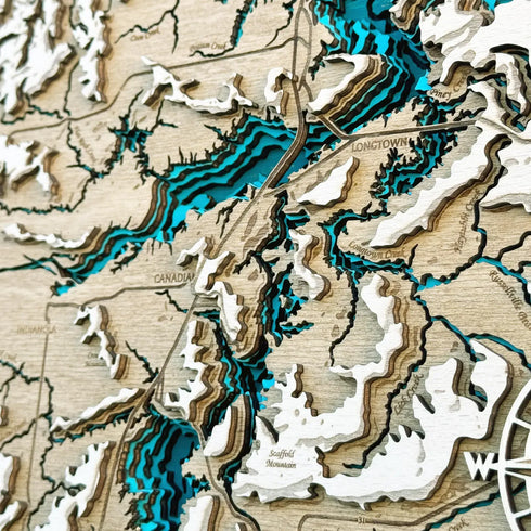 Handcrafted topographic wood map of Lake Eufaula, Oklahoma.