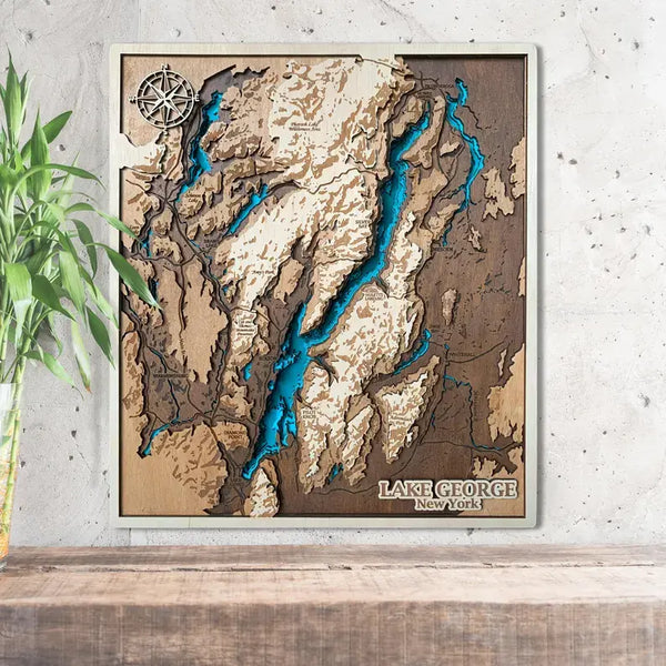 Handcrafted 3D wooden map of Lake George New York with Adirondack detail