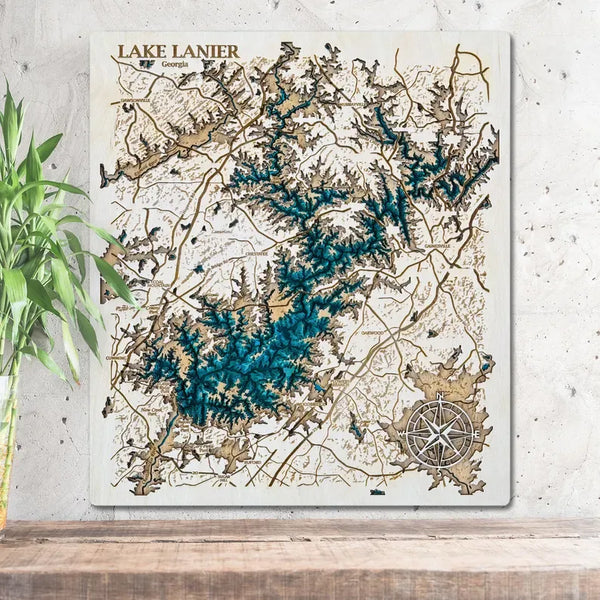 Lake Lanier Georgia 3D wooden map with layered shoreline detail