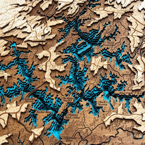 Close-up of Lake Martin 3D wooden map showing Chimney Rock Island and Anchor Bay