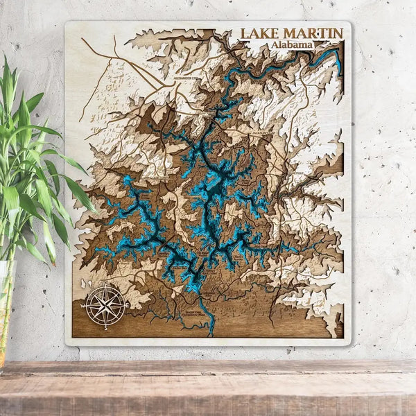 Lake Martin Alabama 3D wooden map with layered design