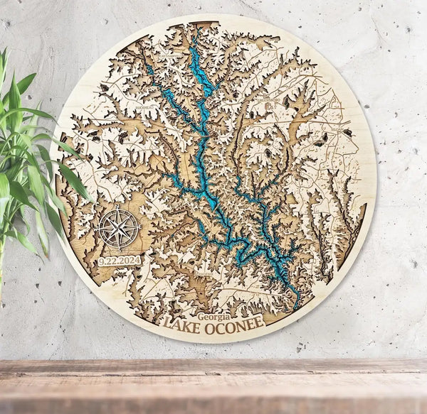 Lake Oconee Georgia 3D wooden map with layered shoreline detail