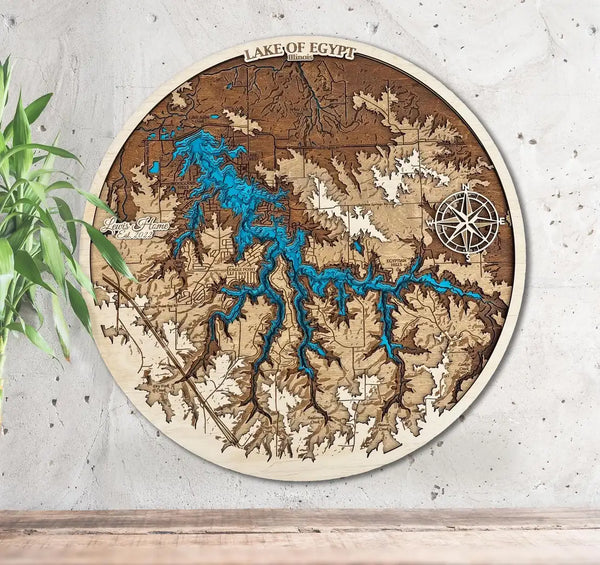 Lake of Egypt Illinois 3D wooden map with layered reservoir topography