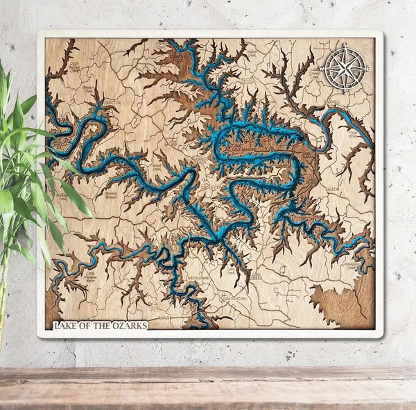 Lake of the Ozarks Missouri 3D wooden map with layered shoreline detail