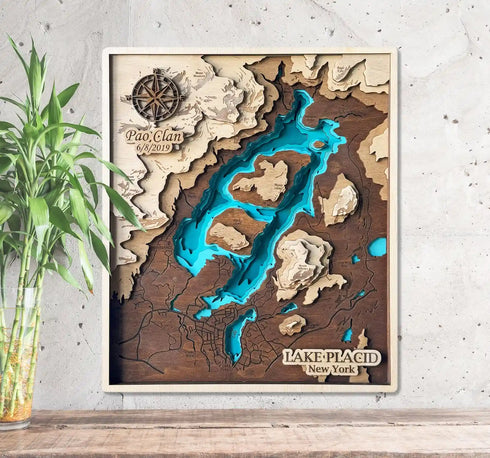 Handmade 3D wooden map of Lake Placid New York with layered lake‑depth design
