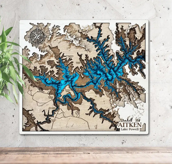 Lake Powell 3D wooden map showing layered blue waterways and canyons