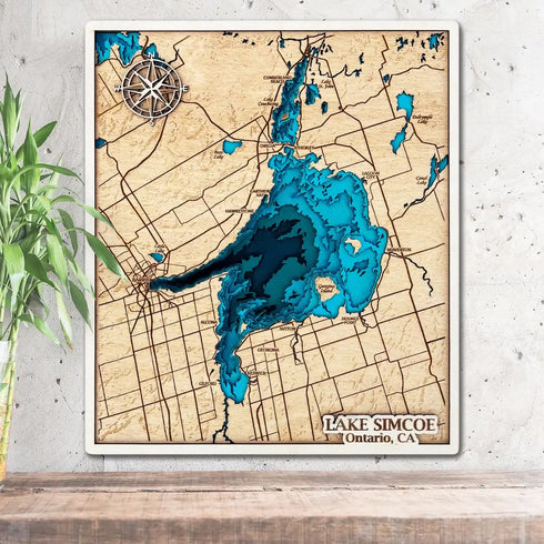 Lake Simcoe Ontario 3D wooden map with layered shoreline detail
