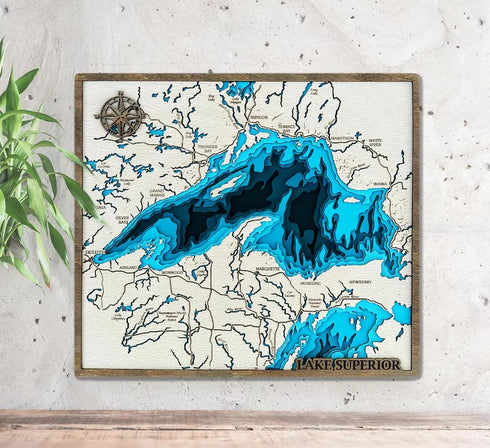 Lake Superior 3D wooden map with layered topographic design.