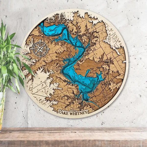 Lake Whitney Texas 3D wooden map with layered shoreline detail