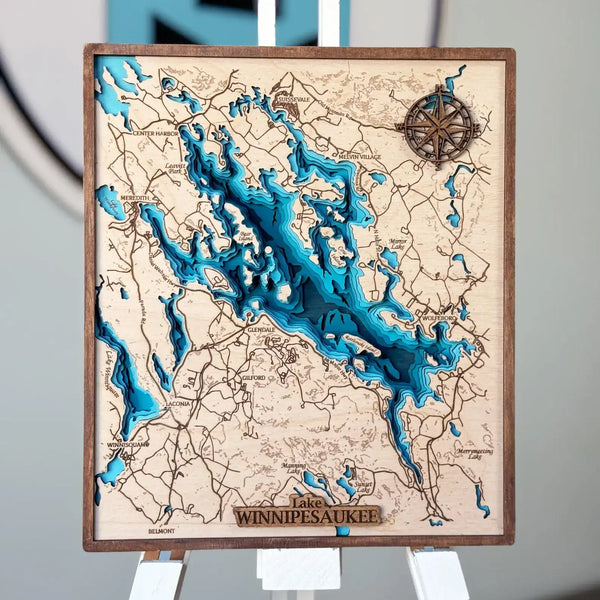 Handmade 3D wooden map of Lake Winnipesaukee with layered topographic design