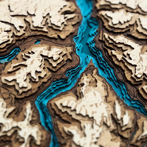 Close up of Lake Como wooden map with engraved Bellagio and Varenna