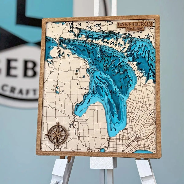 3D wooden map of Lake Huron Michigan with engraved shoreline and bays