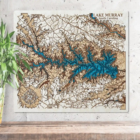 3D wooden map of Lake Murray South Carolina with engraved details