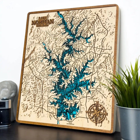 3D wooden map of Lake Norman North Carolina with engraved shoreline details