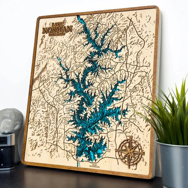 3D wooden map of Lake Norman North Carolina with engraved shoreline details