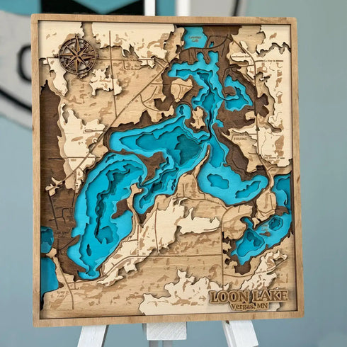 Handmade 3D wooden map of Loon Lake Vergas MN with layered water contours
