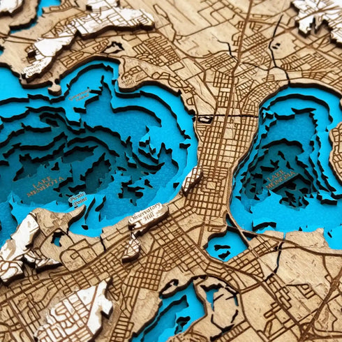 Layered wooden map of Madison city streets and waterways