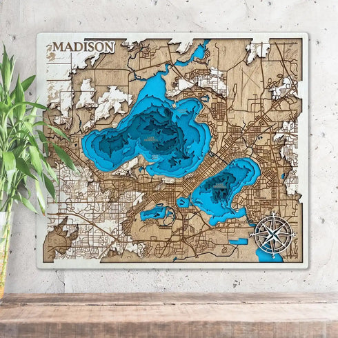 3D wooden map of Madison Wisconsin showing Lake Mendota and Lake Monona
