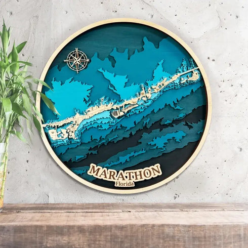 3D wooden map of Marathon Florida in the Florida Keys with coastal detail