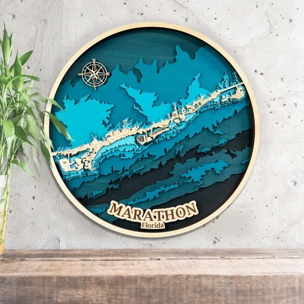 3D wooden map of Marathon Florida in the Florida Keys with coastal detail