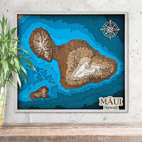 Handcrafted 3D wooden map of Maui, Hawaii with layered topographic design.