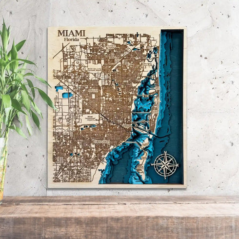 3D wooden map of Miami Florida with Biscayne Bay and Miami Beach