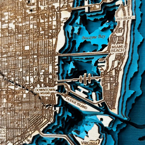 3D wooden map of Miami Florida with Biscayne Bay and Miami Beach