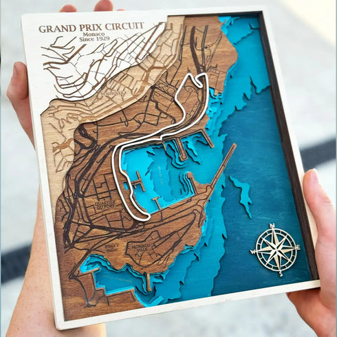 Laser-cut wooden map showing Monaco Formula 1 racing track decor.