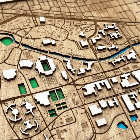 Close-up of MSU 3D map highlighting Spartan Stadium and Red Cedar River