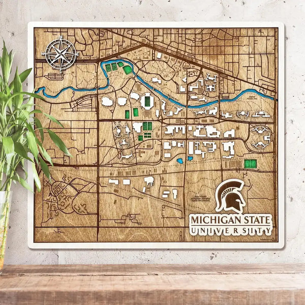Michigan State University 3D wooden campus map with layered design