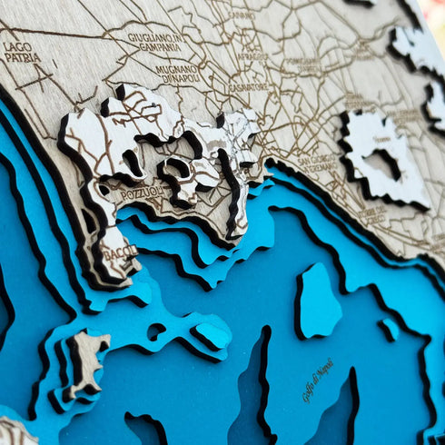 Close-up of Gulf of Naples 3D wooden map with layered detail