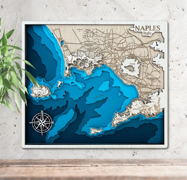 Naples Italy 3D wooden map showing layered Gulf of Naples coastline