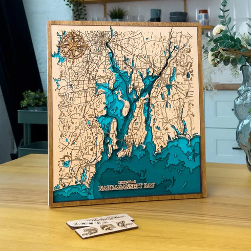 3D wooden map of Narragansett Bay Rhode Island with engraved shorelines
