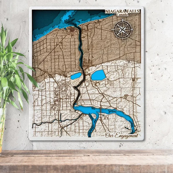 3D wooden map of Niagara Falls Canada with engraved streets and waterways