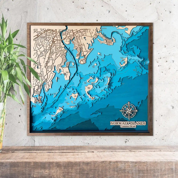 Handmade 3D wooden map of Norwalk Islands Connecticut with nautical depth details