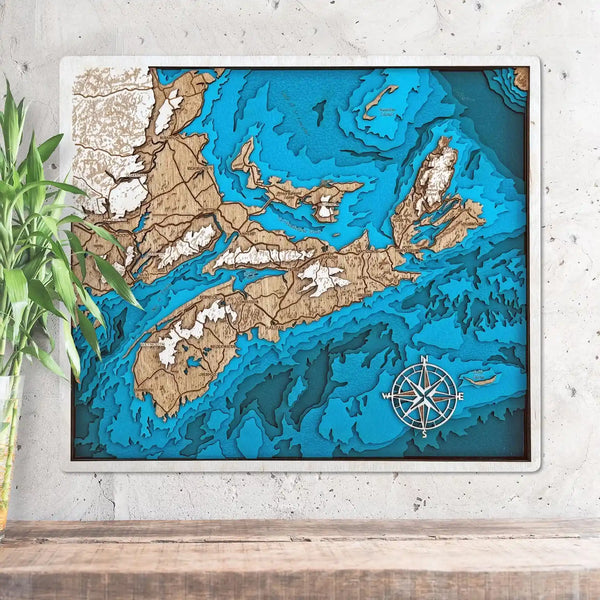 3D wooden map of Nova Scotia with layered coastline and engraved details