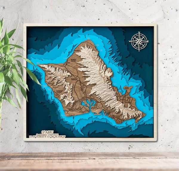 Handcrafted 3D wooden map of Oʻahu, Hawaii, wall art design.