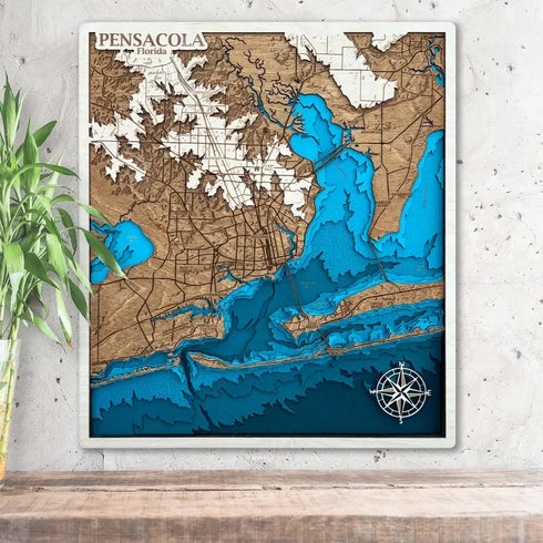 3D wooden map of Pensacola Florida with layered coastline and engraved streets
