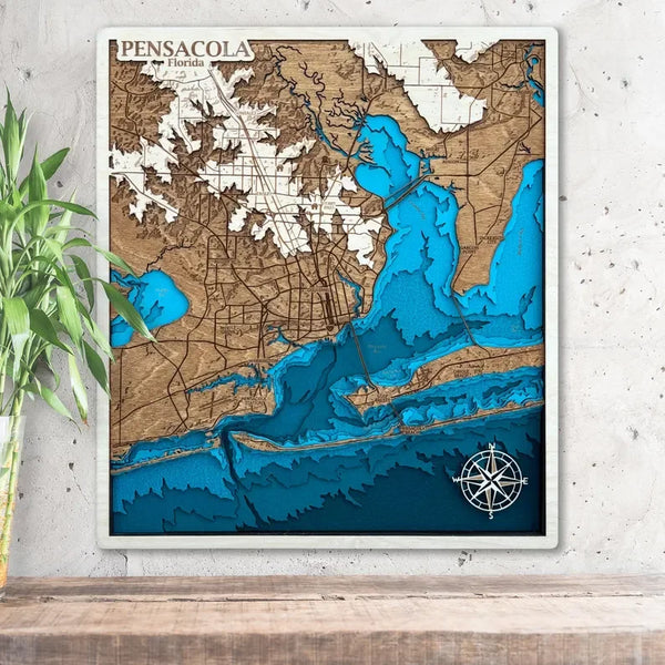 3D wooden map of Pensacola Florida with layered coastline and engraved streets