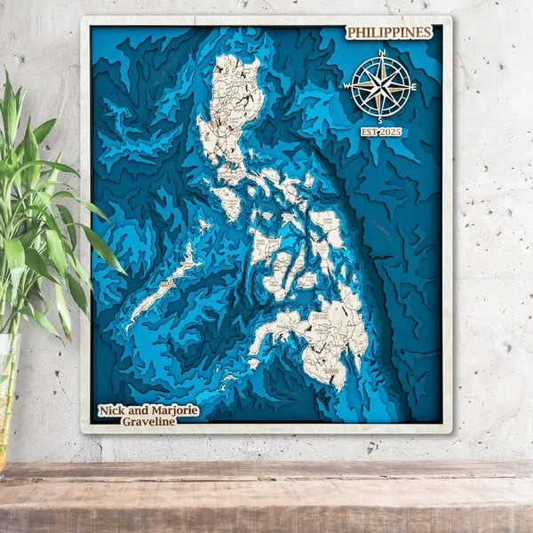 3D wooden map of the Philippines with layered islands and engraved details