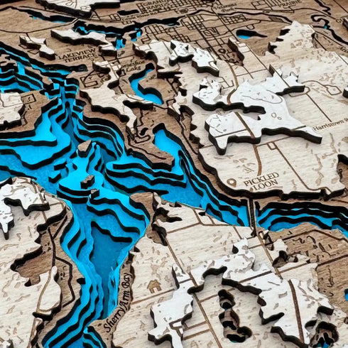 Close-up of Pokegama Lake 3D map highlighting bays and islands