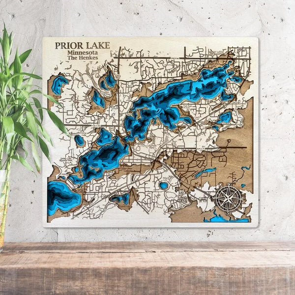 Handcrafted 3D wooden map of Prior Lake Minnesota with layered topography